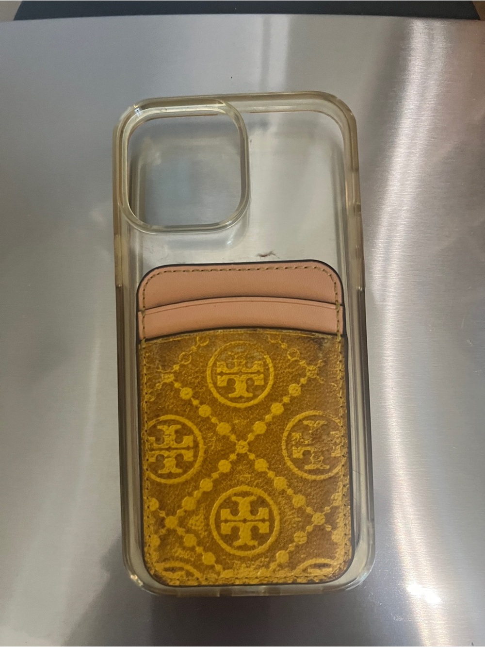Tory Burch Yellow & Pink Logo Card Pocket Clear iPhone Case